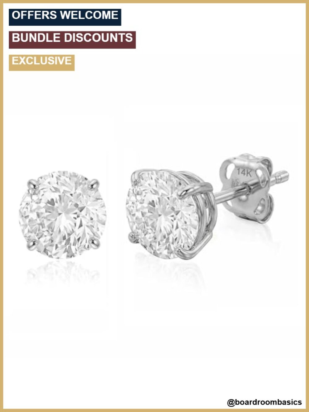 14K Solid White Gold CZ Stud Earrings 7mm Butterfly Pushback Unisex